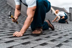 Roofers nailing new asphalt shingles during a roof replacement