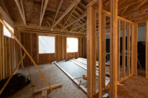 House opened up to the wall framing during a whole-home renovation