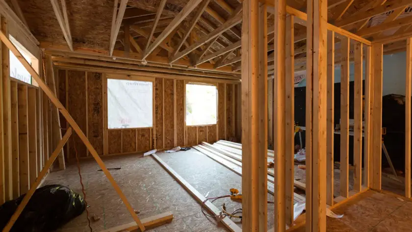 House opened up to the wall framing during a whole-home renovation