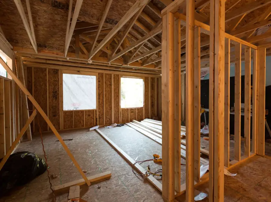 House opened up to the wall framing during a whole-home renovation