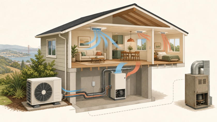 Cutaway illustration of a home heating and cooling system with an outdoor heat pump and indoor air handler