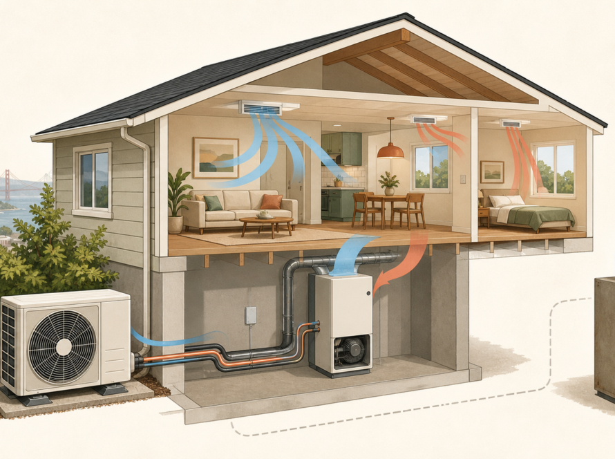 Cutaway illustration of a home heating and cooling system with an outdoor heat pump and indoor air handler