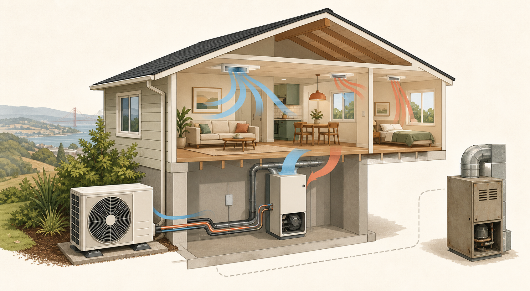 Cutaway illustration of a home heating and cooling system with an outdoor heat pump and indoor air handler