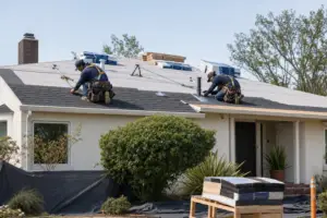 Roofing crew replacing the shingle roof on a single-story house