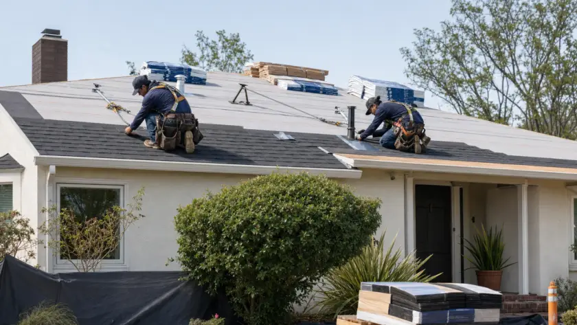 Roofing crew replacing the shingle roof on a single-story house