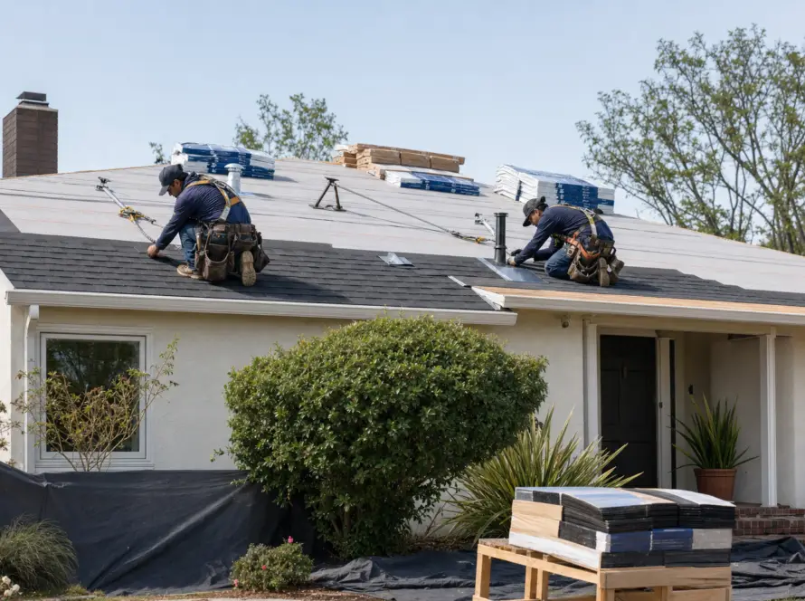 Roofing crew replacing the shingle roof on a single-story house