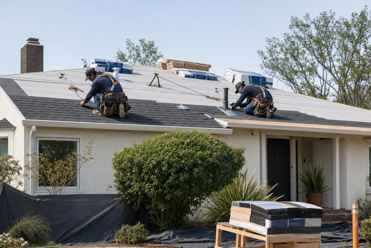 Roofing crew replacing the shingle roof on a single-story house