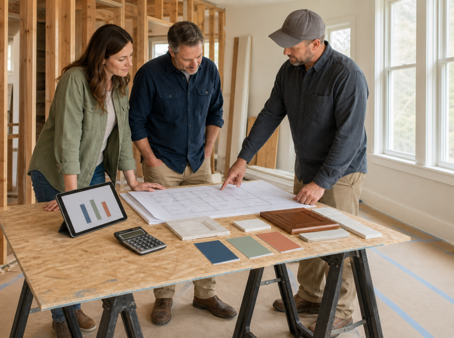 Homeowners and a project manager reviewing remodel plans and material samples in a house under renovation