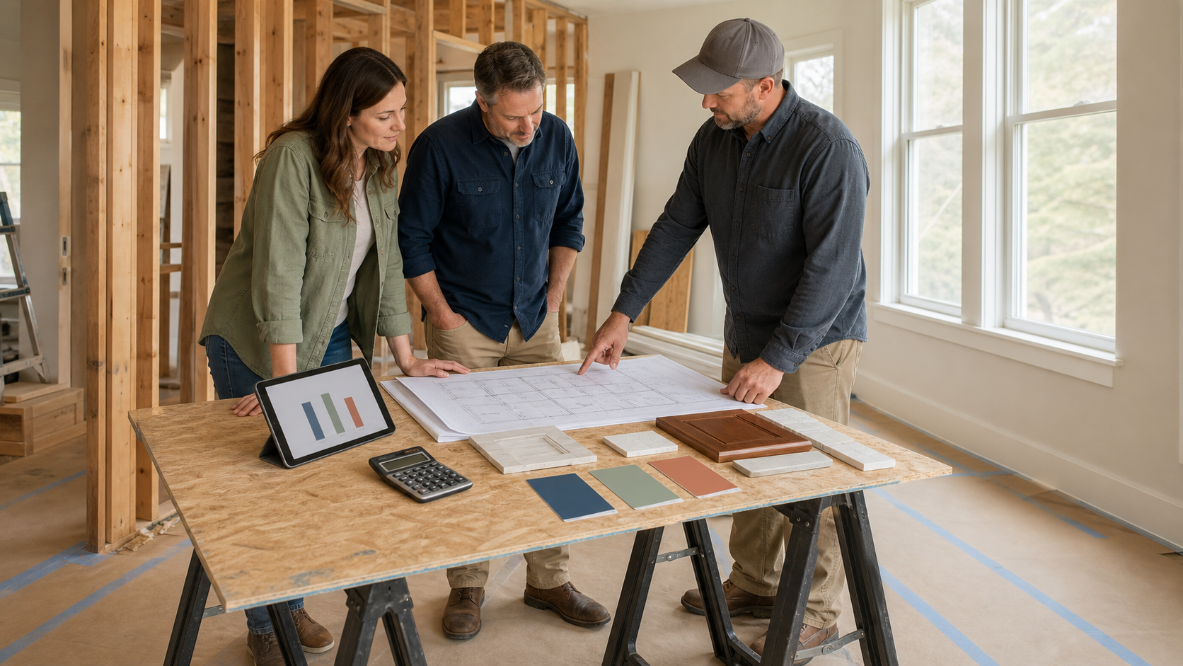 Homeowners and a project manager reviewing remodel plans and material samples in a house under renovation