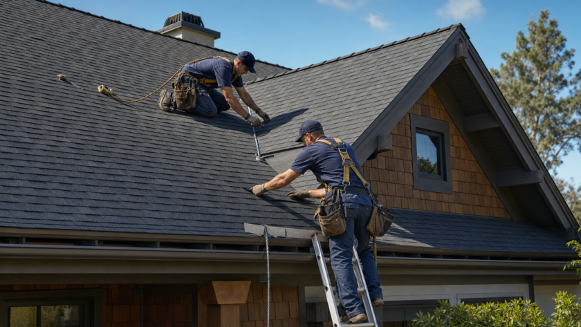 Roofers inspecting a shingle roof, one on a ladder at the gutter line