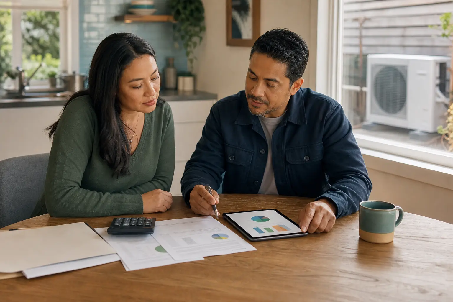 Homeowners reviewing a roof replacement quote and financing options with a project manager