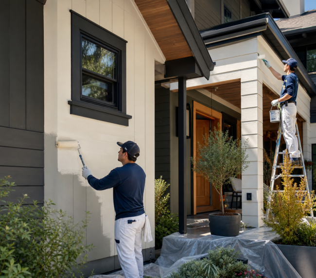 Painters repainting the exterior of a two-story house, one on a ladder, with plants covered