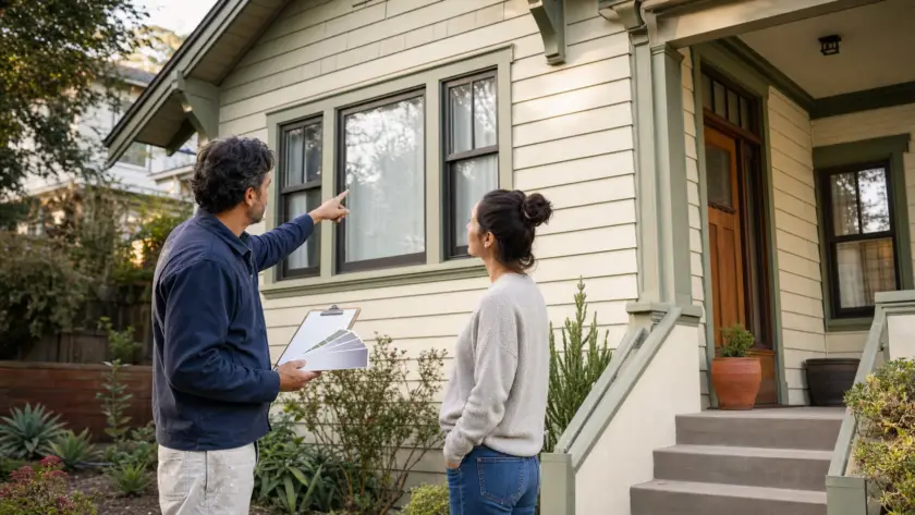Contractor walking a homeowner through the exterior of a craftsman-style house before repainting