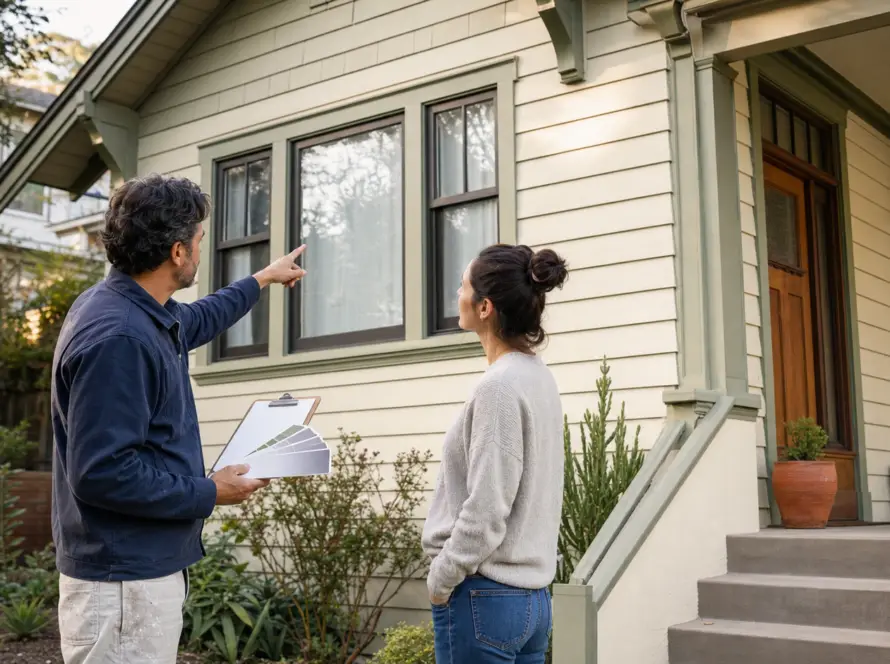Contractor walking a homeowner through the exterior of a craftsman-style house before repainting