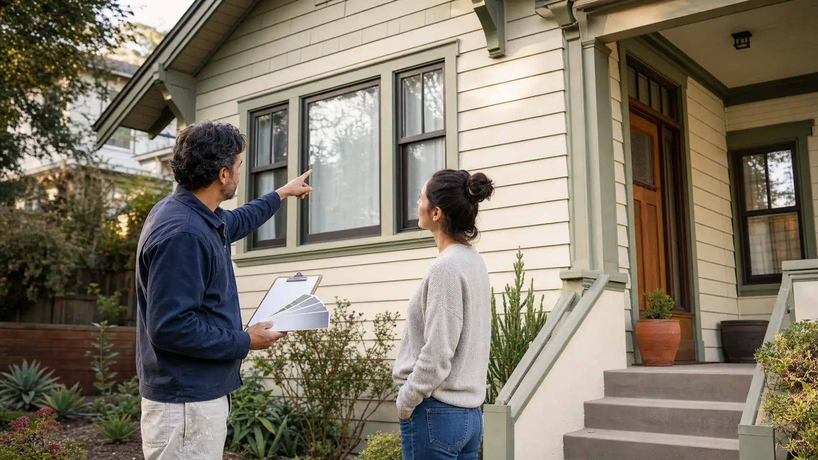 Contractor walking a homeowner through the exterior of a craftsman-style house before repainting