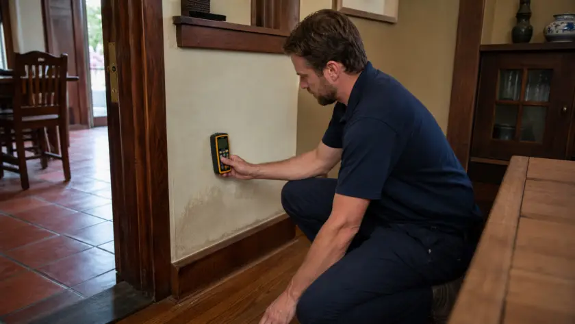 Technician installing a new thermostat on an interior wall