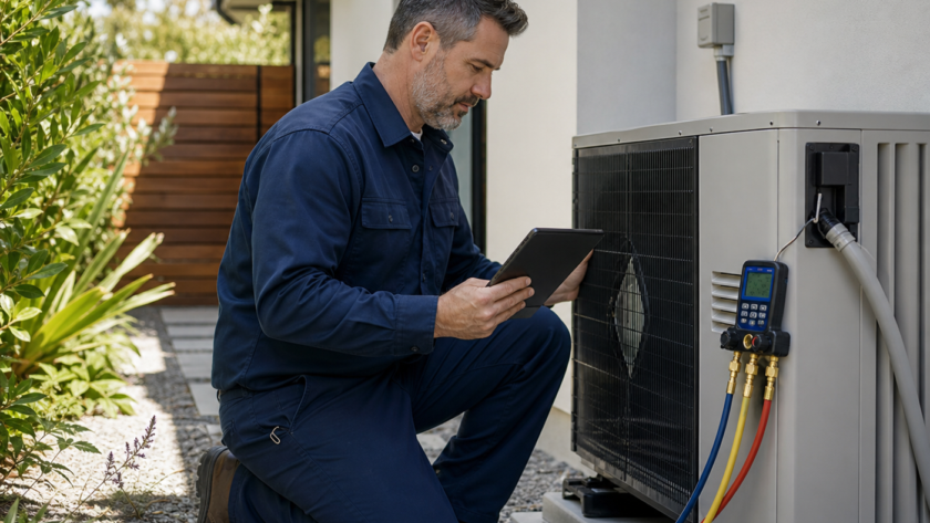 HVAC technician checking a new outdoor heat pump with gauges and a tablet