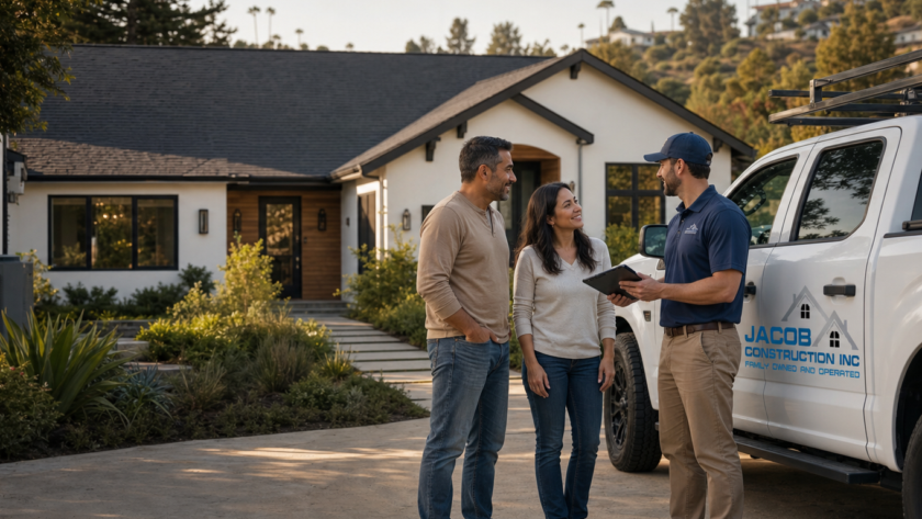 Jacob Construction project manager meeting homeowners in the driveway beside a company truck