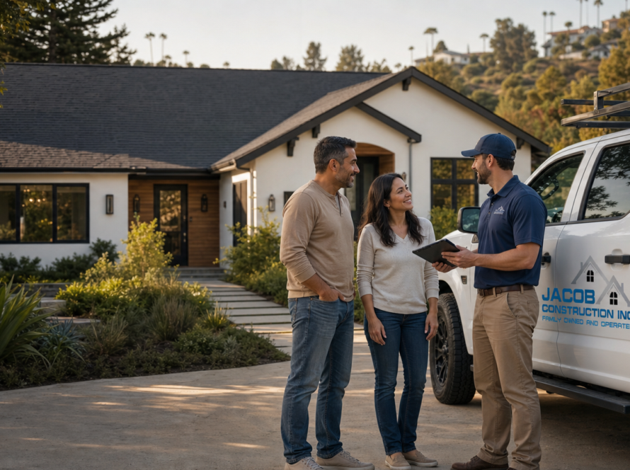 Jacob Construction project manager meeting homeowners in the driveway beside a company truck