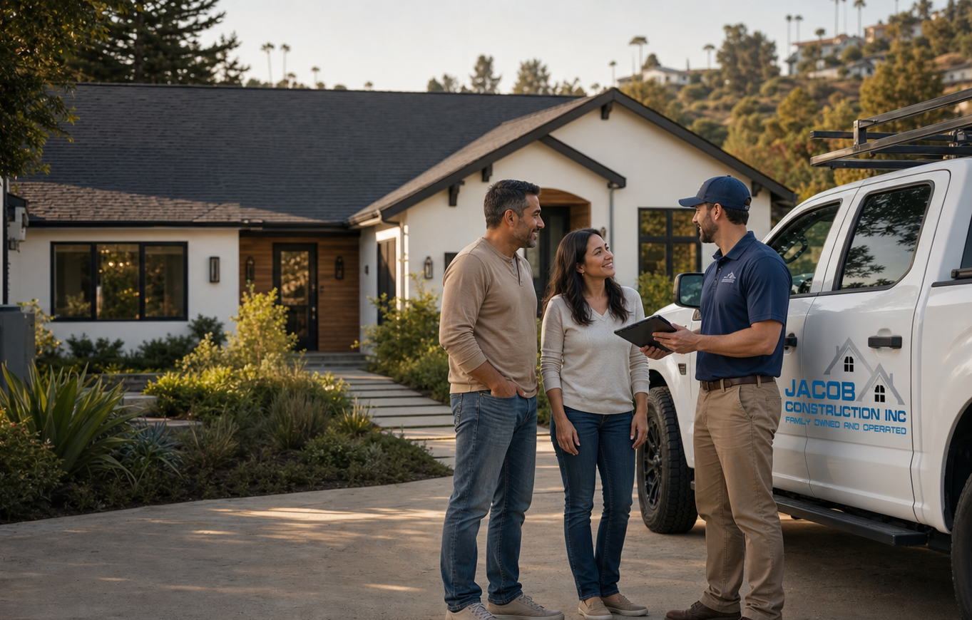 Jacob Construction project manager meeting homeowners in the driveway beside a company truck
