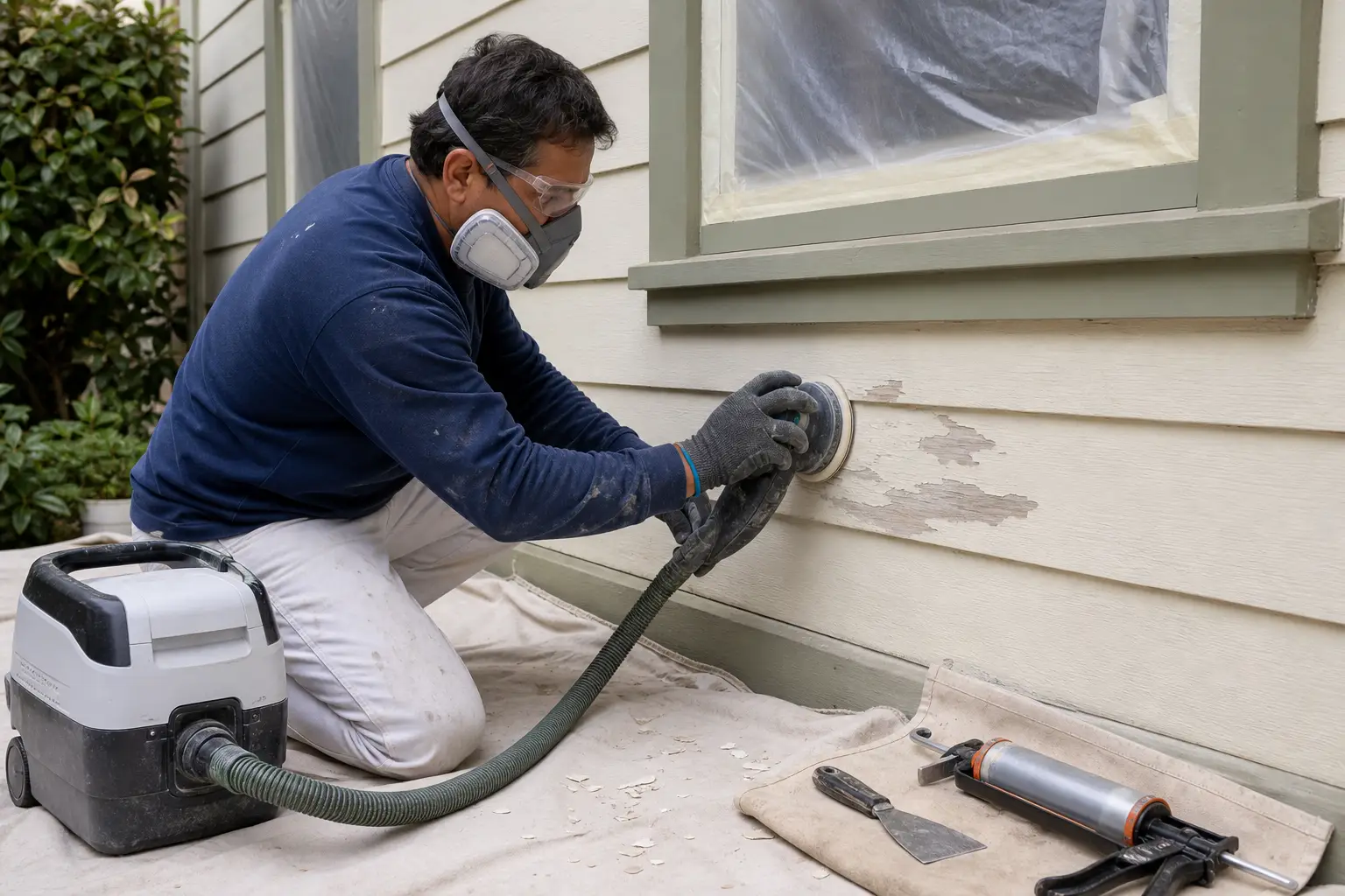 Painter in a respirator sanding exterior siding to prepare it for a full repaint