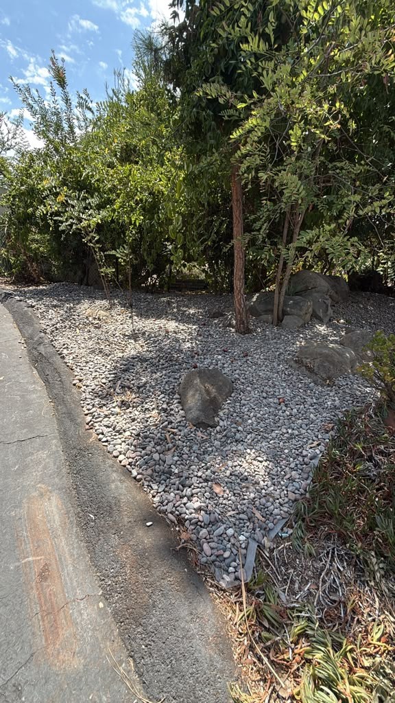 A river-rock bed with boulders under trees beside an asphalt drive in El Cajon